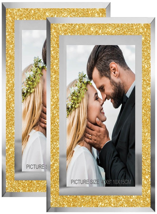 HIKWADERY 4x6 Picture Frames Gold - Set of 2, Sparkle Real Glass Photo Frame 4 by 6 with Silver Mirrored Edge, for Tabletop Display, Wedding Birthday Christmas Day Gifts (4 x 6, Glitter Gold) - Image 1